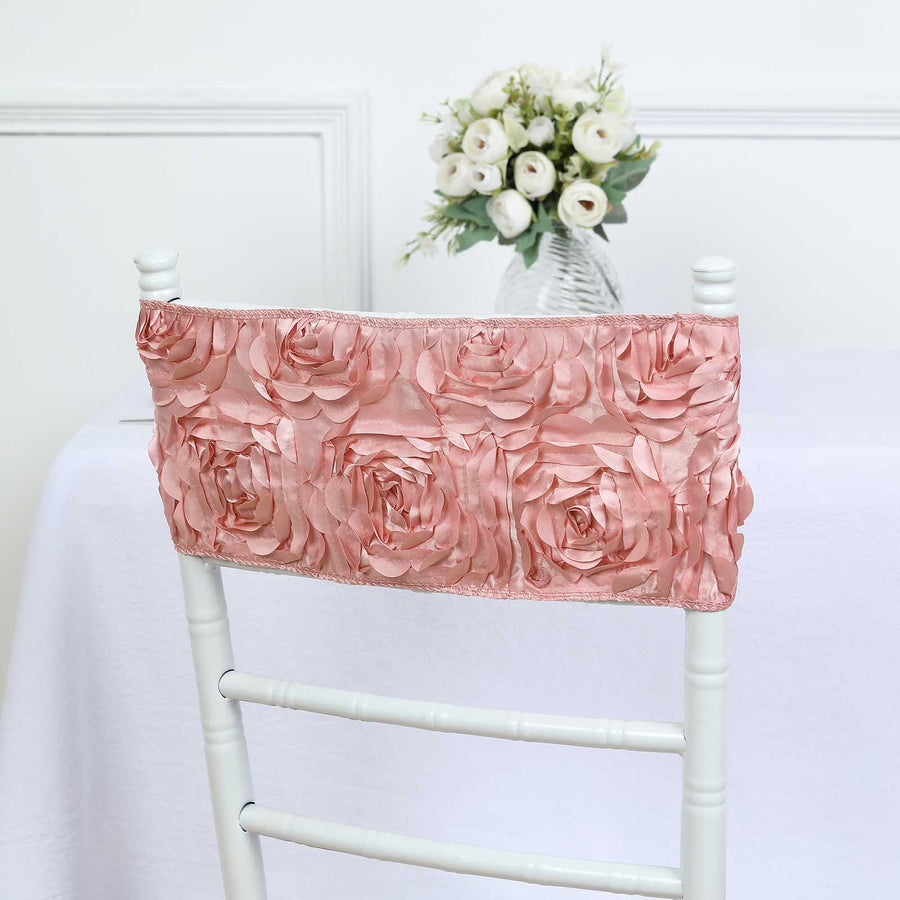 5 Pack | Dusty Rose Satin Rosette Spandex Stretch Chair Sashes | 6x14inch