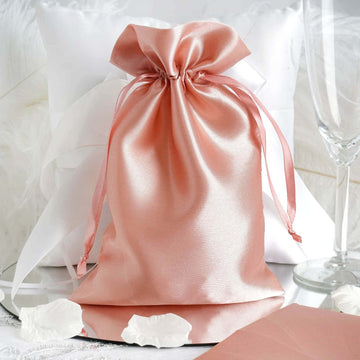 12 Pack 6"x9" Dusty Rose Satin Wedding Party Favor Bags, Drawstring Pouch Gift Bags