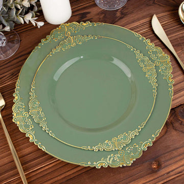 10 Pack 8" Dusty Sage Green Plastic Salad Plates With Gold Leaf Embossed Baroque Rim, Round Disposable Appetizer Dessert Plates