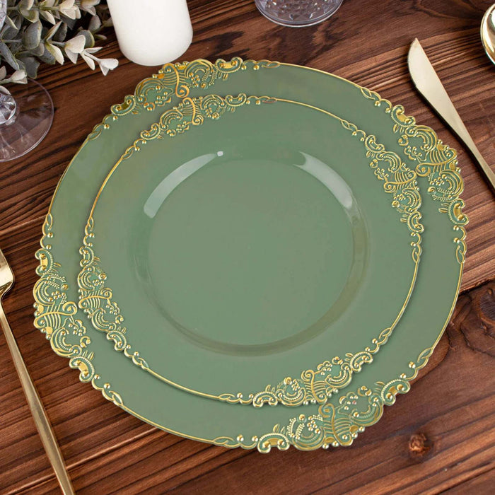 Dusty Sage Gold Leaf Embossed Baroque Plastic Salad Plates, Disposable Vintage Round Appetizer