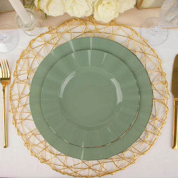 10 Pack | 9" Dusty Sage Green Heavy Duty Disposable Dinner Plates with Gold Ruffled Rim, Hard Plastic Dinnerware
