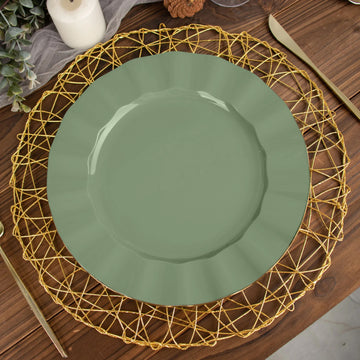 10 Pack | 11" Dusty Sage Green Disposable Dinner Plates With Gold Ruffled Rim, Round Plastic Party Plates
