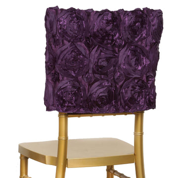 16" Eggplant Satin Rosette Chiavari Chair Caps, Chair Back Covers