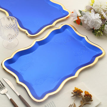 10 Pack Elegant Royal Blue Gold Rim Heavy Duty Paper Serving Trays, 400 GSM Disposable Rectangular Party Platters - 14"x10"