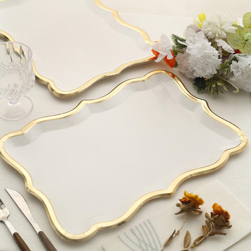 10 Pack | Elegant White / Gold Rim Heavy Duty Paper Serving Trays, 400 GSM Disposable Rectangular Party Platters - 14"x10"