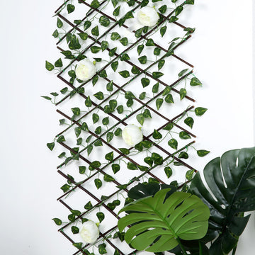 17"x95" Expandable Wooden Lattice Fence With Artificial Ivy Leaf Trellis Vines, Accordion Backdrop Fencing
