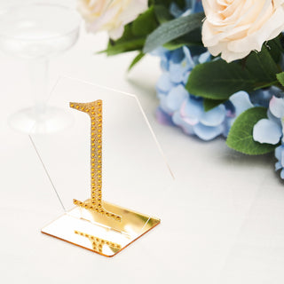 5 Pack | 5" Clear / Gold Acrylic Hexagon Wedding Table Sign Holders