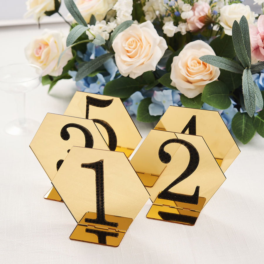 5 Pack | 5inch Gold Acrylic Hexagon Wedding Table Sign Holders, Number Stands