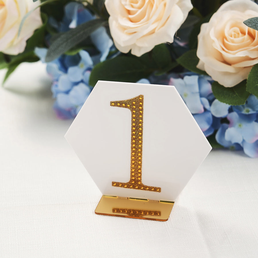 5 Pack | 5inch White / Gold Acrylic Hexagon Wedding Table Sign Holders, Number Stands