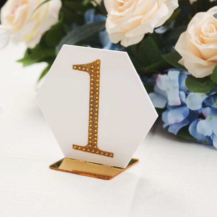 5 Pack | 5inch White / Gold Acrylic Hexagon Wedding Table Sign Holders, Number Stands