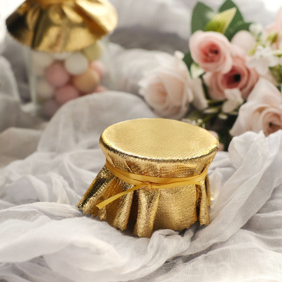 6 Pack | Metallic Gold 6" Round Lame Fabric Party Favor Jar Covers DIY With Satin Tie String, Craft Supplies
