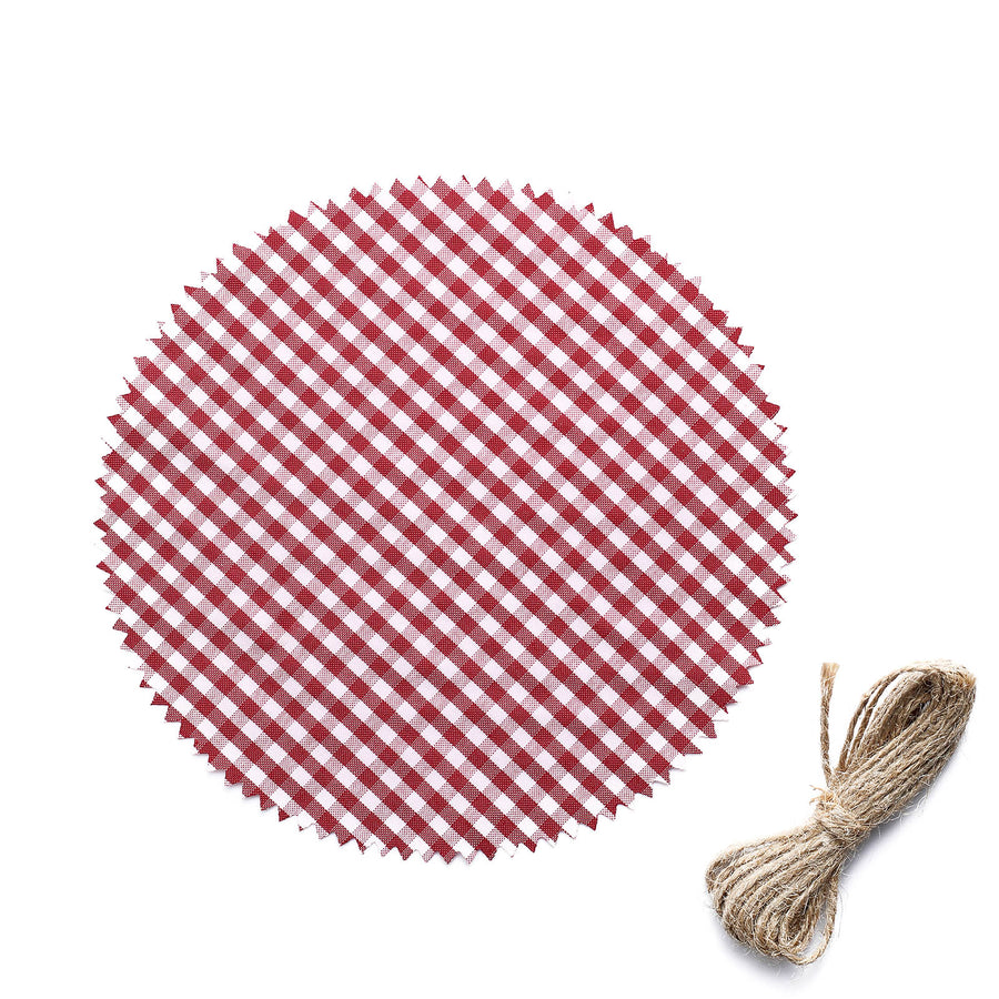 Red / White Gingham Mason Jar Cloth Lid Covers, Checkered Jam Jar Covers with Jute String#whtbkgd