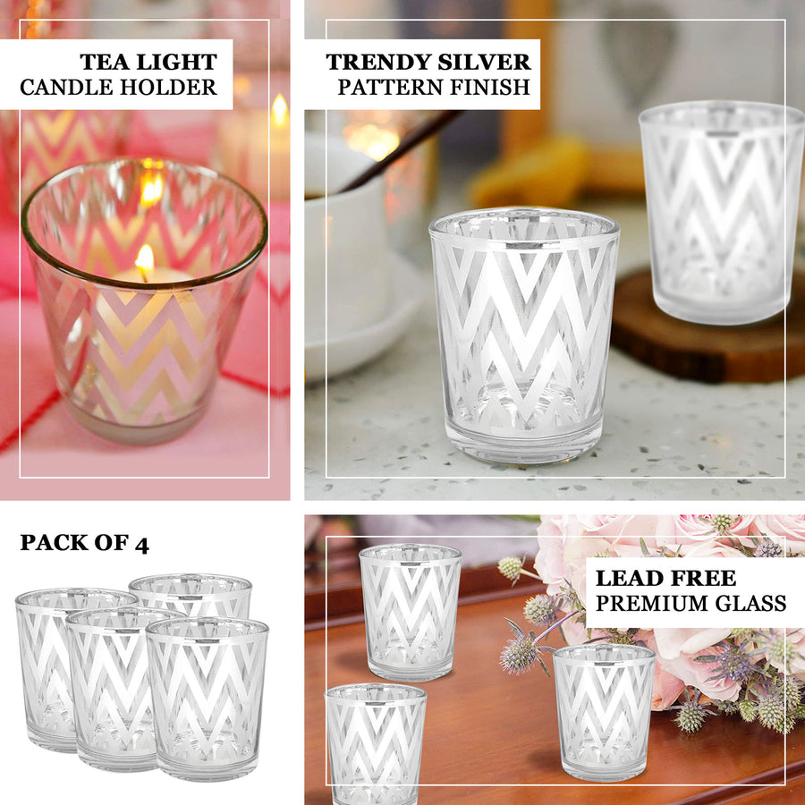 4 Pack | Silver Chevron Glass Tea Light Votive Candle Holders