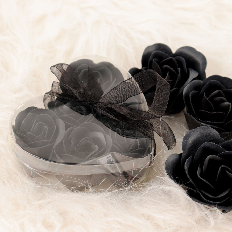 4 Pack | 24 Pcs Black Scented Rose Soap Heart Shaped Party Favors With Gift Boxes And Ribbon