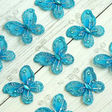 12 Pack | 2inch Turquoise Diamond Studded Wired Organza Butterflies