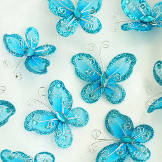 Turquoise Diamond Studded Wired Organza Butterflies - Add Enchanting Elegance to Your Event Decor