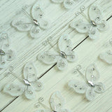 12 Pack | 2inch White Diamond Studded Wired Organza Butterflies