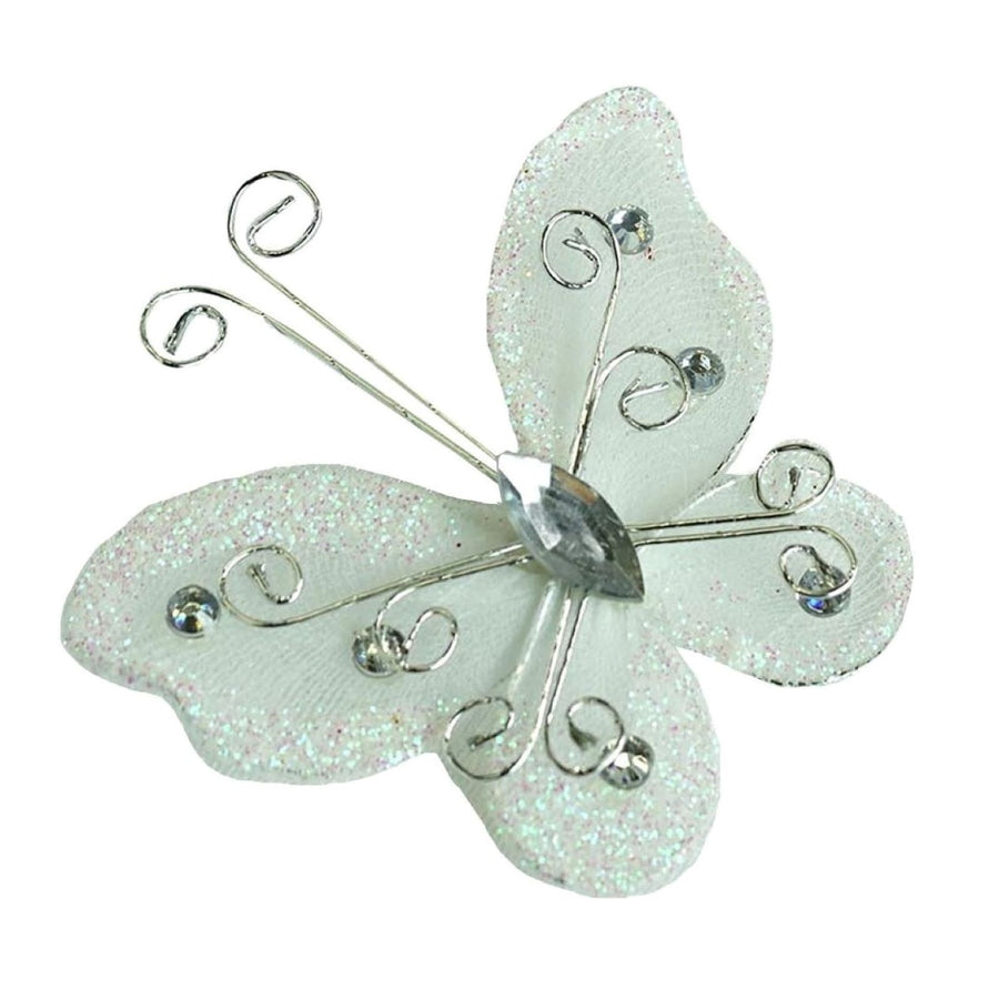 12 Pack | 2inch White Diamond Studded Wired Organza Butterflies#whtbkgd