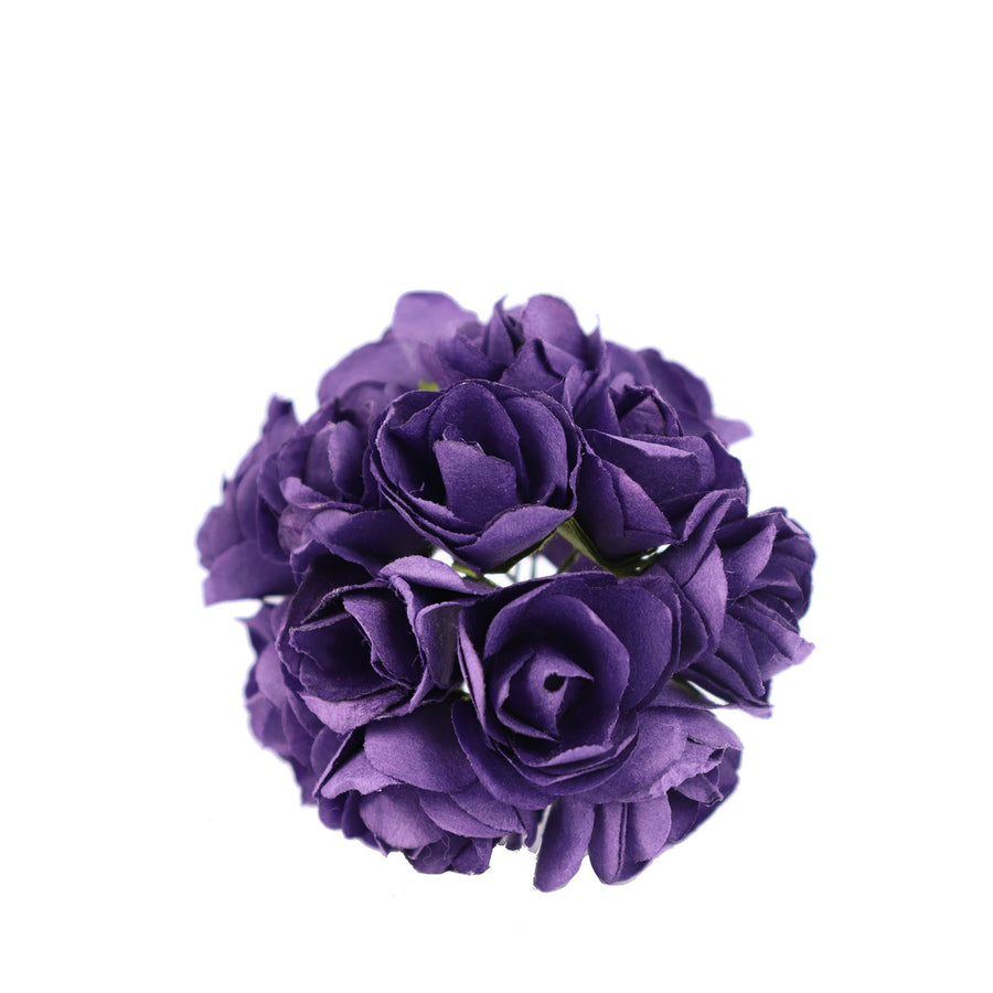 144 Pack | Purple Paper Mini Craft Roses, DIY Craft Flowers With Wired Stem#whtbkgd