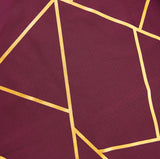 120inch Burgundy Round Polyester Tablecloth With Gold Foil Geometric Pattern#whtbkgd