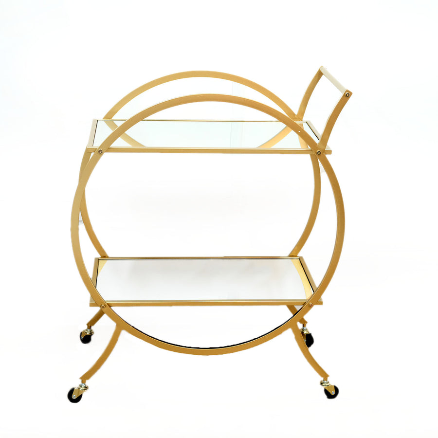 2.5ft Tall Gold Metal 2-Tier Bar Cart Mirror Serving Tray Kitchen Trolley, Round Teacart#whtbkgd