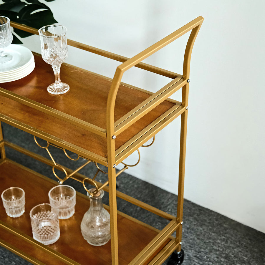 Metal 2-Tier Bar Cart Wine Rack With Wooden Serving Trays, Trolley with 5 Bottles & 2 Glass Holder