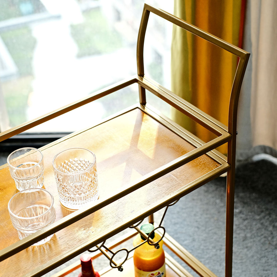 3ft Gold Metal 2-Tier Bar Cart Wine Rack With Wooden Serving Trays, Kitchen Trolley 5 Wine Bottles