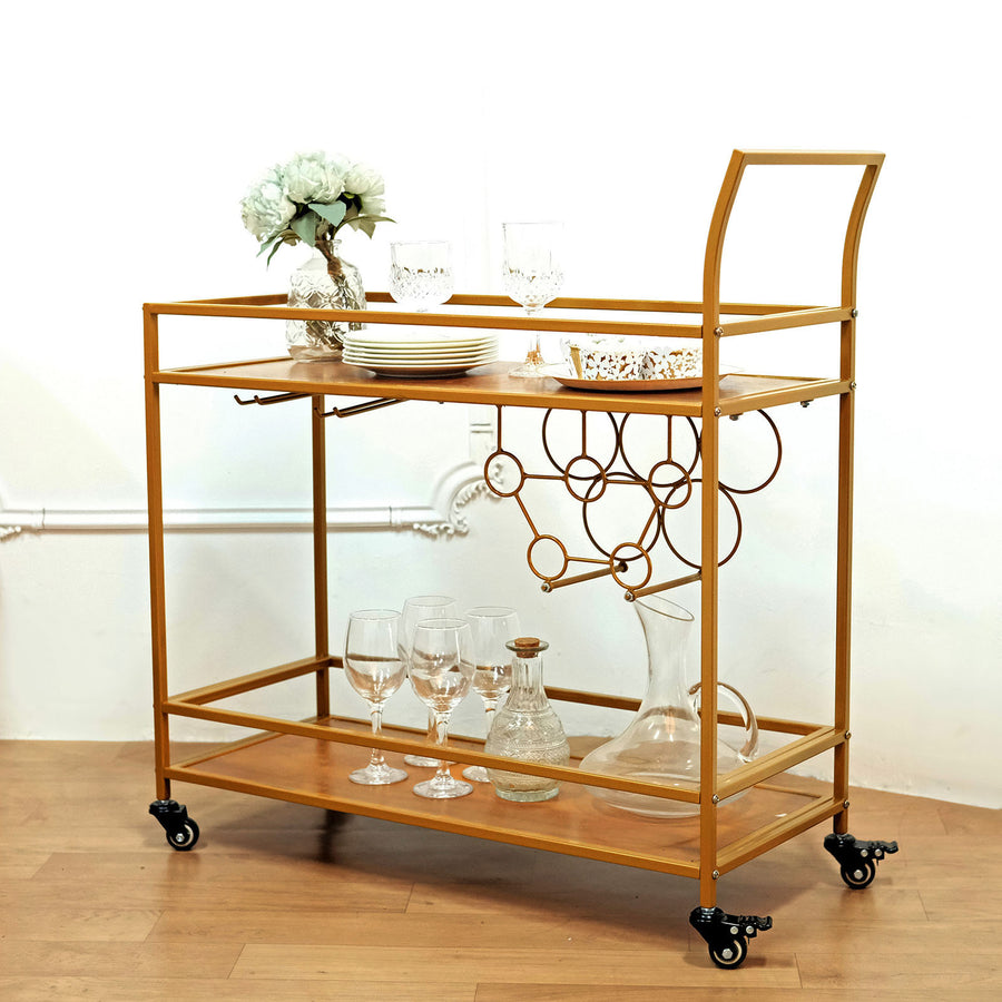 3ft Gold Metal 2-Tier Bar Cart Wine Rack With Wooden Serving Trays, Kitchen Trolley 5 Wine Bottles