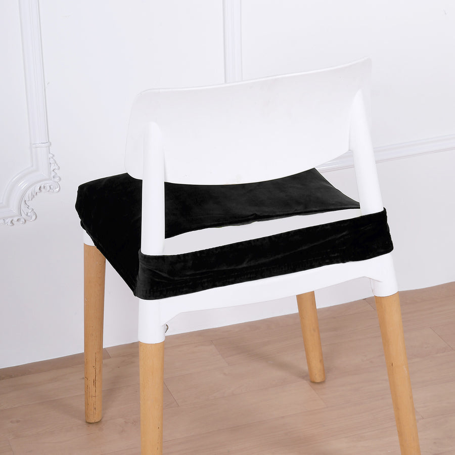 Slide On Black Stretch Velvet Dining Chair Seat Cushion Cover With Ties