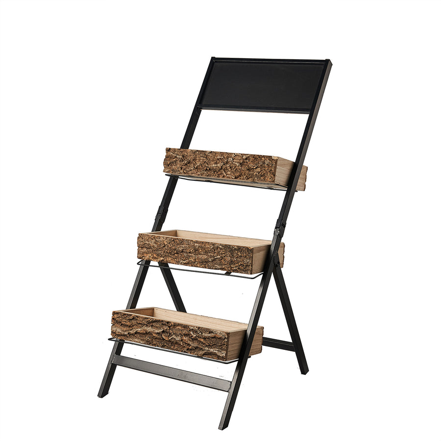 42inch 3-Tier Metal Ladder Plant Stand With Natural Wooden Log Planters#whtbkgd