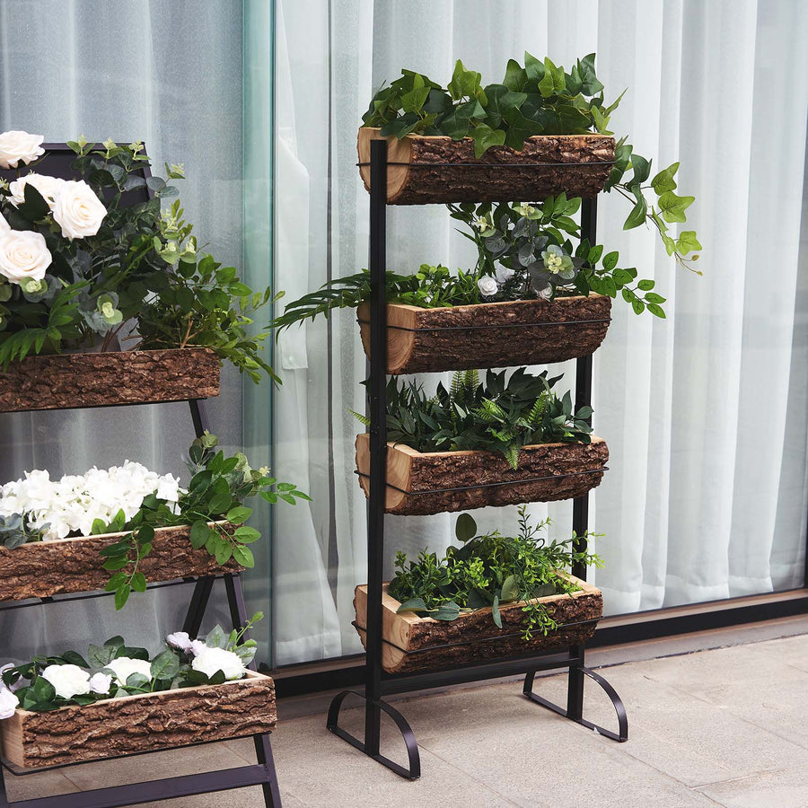 42inch 4-Tier Metal Ladder Plant Stand With Natural Wooden Log Planters