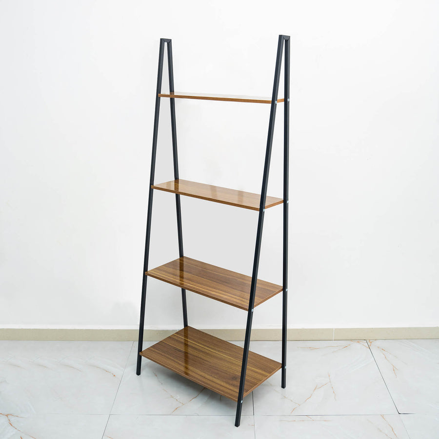 5ft 4-Tier Metal Leaning Ladder Bookshelf Stand With Natural Wood Racks