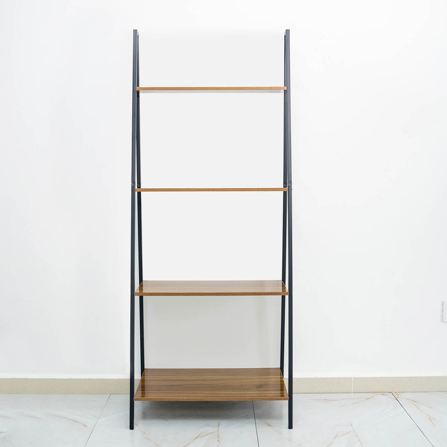 5ft 4-Tier Metal Leaning Ladder Bookshelf Stand With Natural Wood Racks#whtbkgd