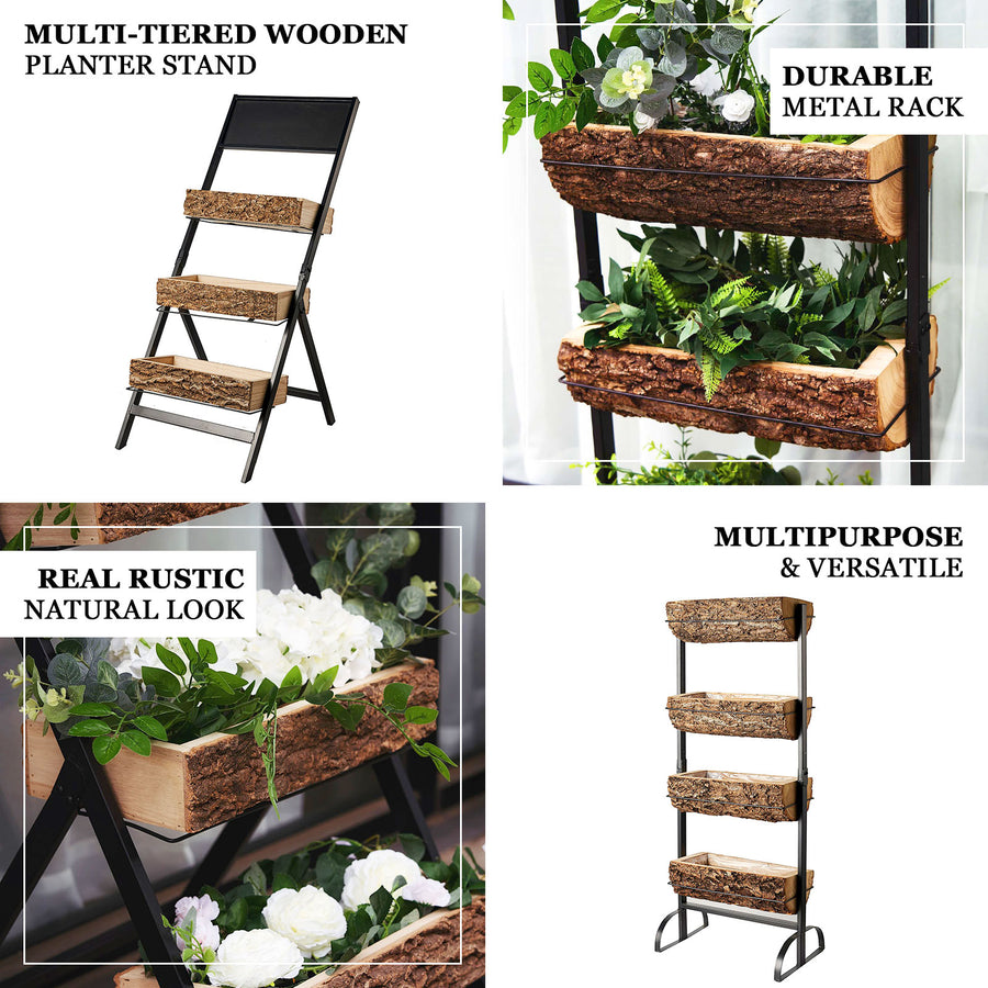42inch 3-Tier Metal Ladder Plant Stand With Natural Wooden Log Planters