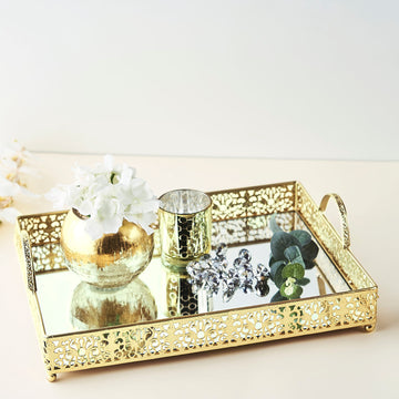 Fleur De Lis Gold Metal Decorative Vanity Serving Tray with handles, Rectangle Mirrored Tray - 16"x12"