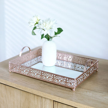 Fleur De Lis Rose Gold Metal Decorative Vanity Serving Tray with handles, Rectangle Mirrored Tray - 16"x12"