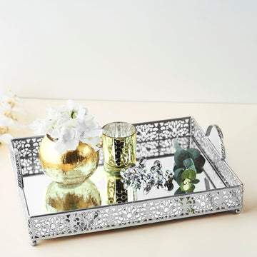 Fleur De Lis Silver Metal Decorative Vanity Serving Tray with handles, Rectangle Mirrored Tray - 16"x12"