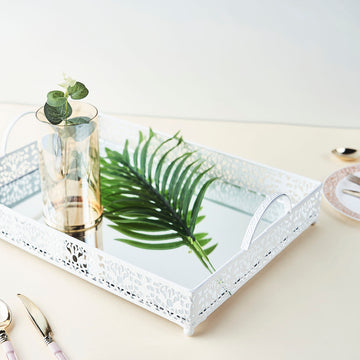 Fleur De Lis White Metal Decorative Vanity Serving Tray with handles, Rectangle Mirrored Tray - 16"x12"