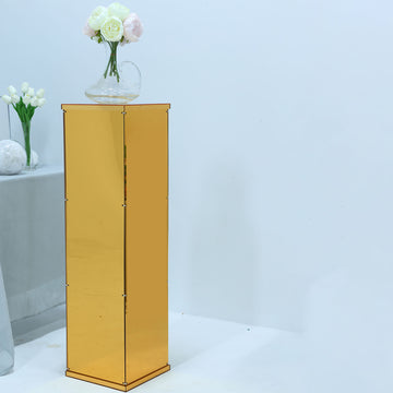 40" Floor Standing Gold Mirror Finish Acrylic Display Box, Pedestal Riser with Interchangeable Lid and Base