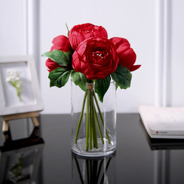 5 Flower Head Red Peony Bouquet | Artificial Silk Peonies Spray