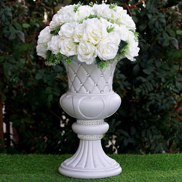 2 Pack | White Crystal Beaded Italian Inspired Pedestal Stand | Flower Plant Pillar With 10mm Crystal Studs - 18" Tall PVC