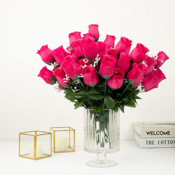 12 Bushes Fuchsia Artificial Premium Silk Flower Rose Bud Bouquets