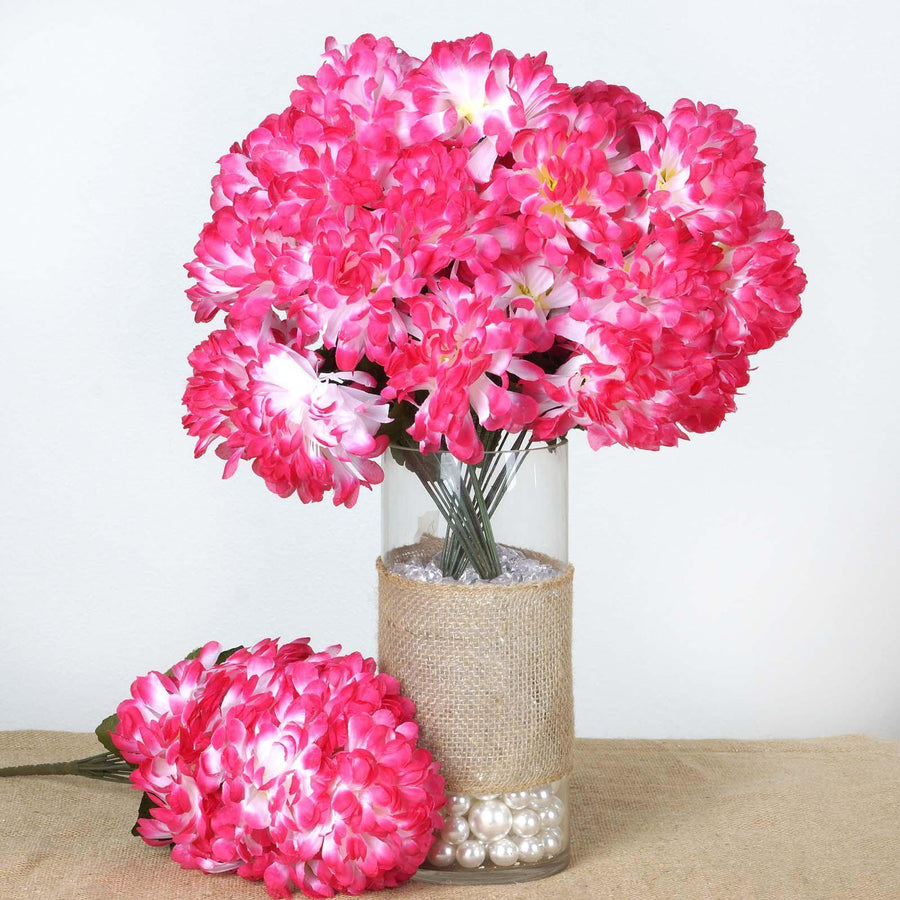 4 Bushes | Fuchsia Artificial Silk Chrysanthemums | 56 Faux Flowers