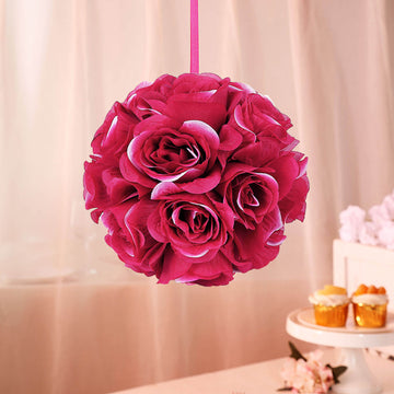 2 Pack | 7" Fuchsia Artificial Silk Rose Kissing Ball, Flower Ball