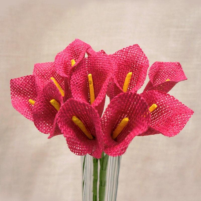 6 Bushes | 36 Pcs | 10" Fuchsia Burlap Calla Lily Flowers With Stems#whtbkgd