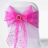 5 PCS | 7 Inch x108 Inch | Fuchsia Embroidered Organza Chair Sashes | TableclothsFactory