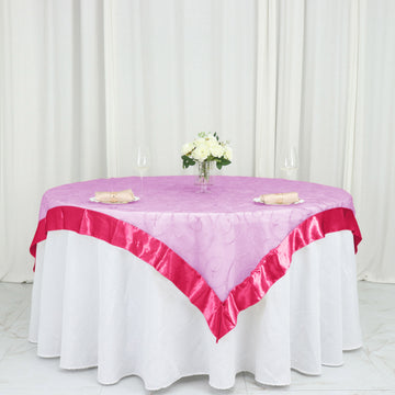 60"x60" Fuchsia Embroidered Sheer Organza Square Table Overlay With Satin Edge