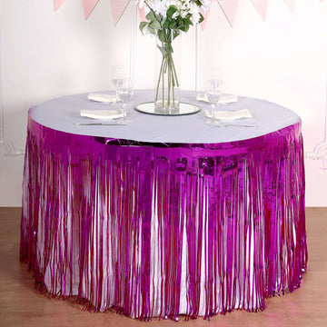 30"x9ft Fuchsia Metallic Foil Fringe Table Skirt, Self Adhesive Tinsel Table Skirt