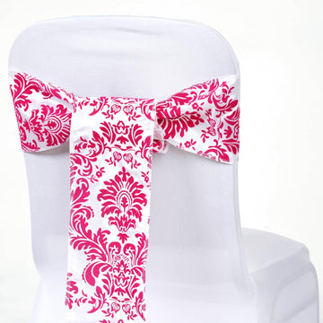5 Pack | 6"x108" Fuchsia / White Taffeta Damask Flocking Chair Tie Bow Sashes