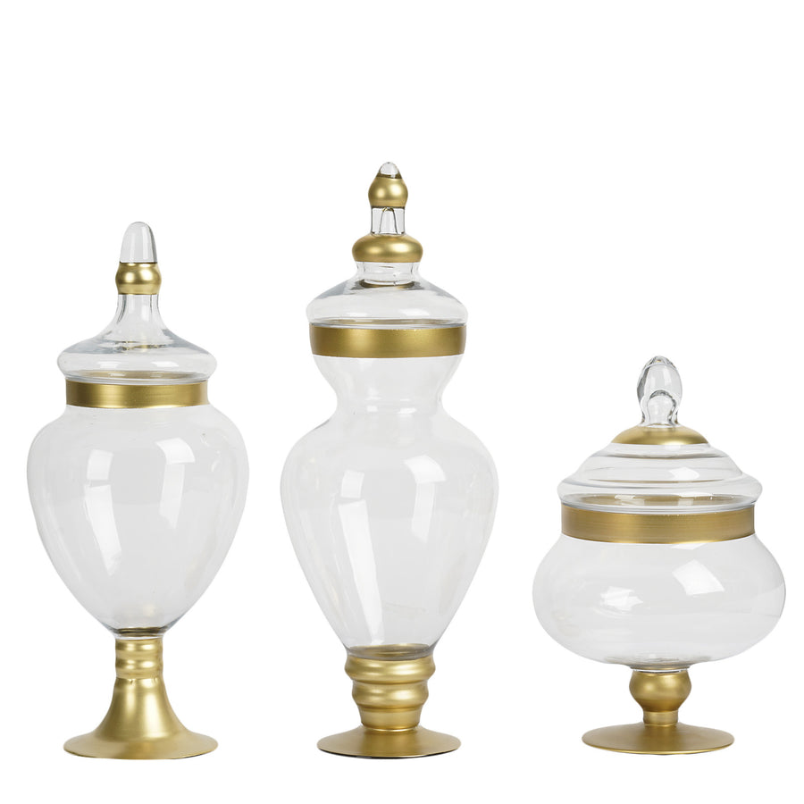 Set of 3 | Large Gold Trim Glass Apothecary Party Favor Candy Jars With Snap On Lids#whtbkgd
